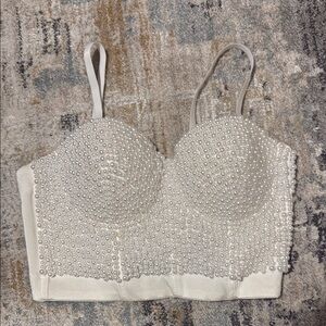 Cream Sleeveless Embellished Bustier Crop Top
